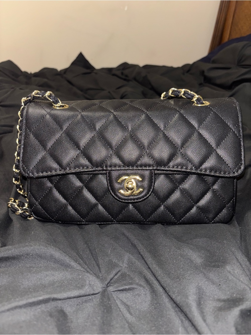 Classic Quilted Black Shoulder Bag with Gold Hardware